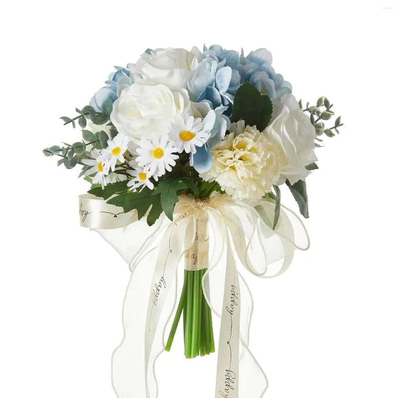 Flores decorativas Bridal Bridal Boda Bouquet Azul y Blanco Simulación fresca que sostiene accesorios hechos a mano