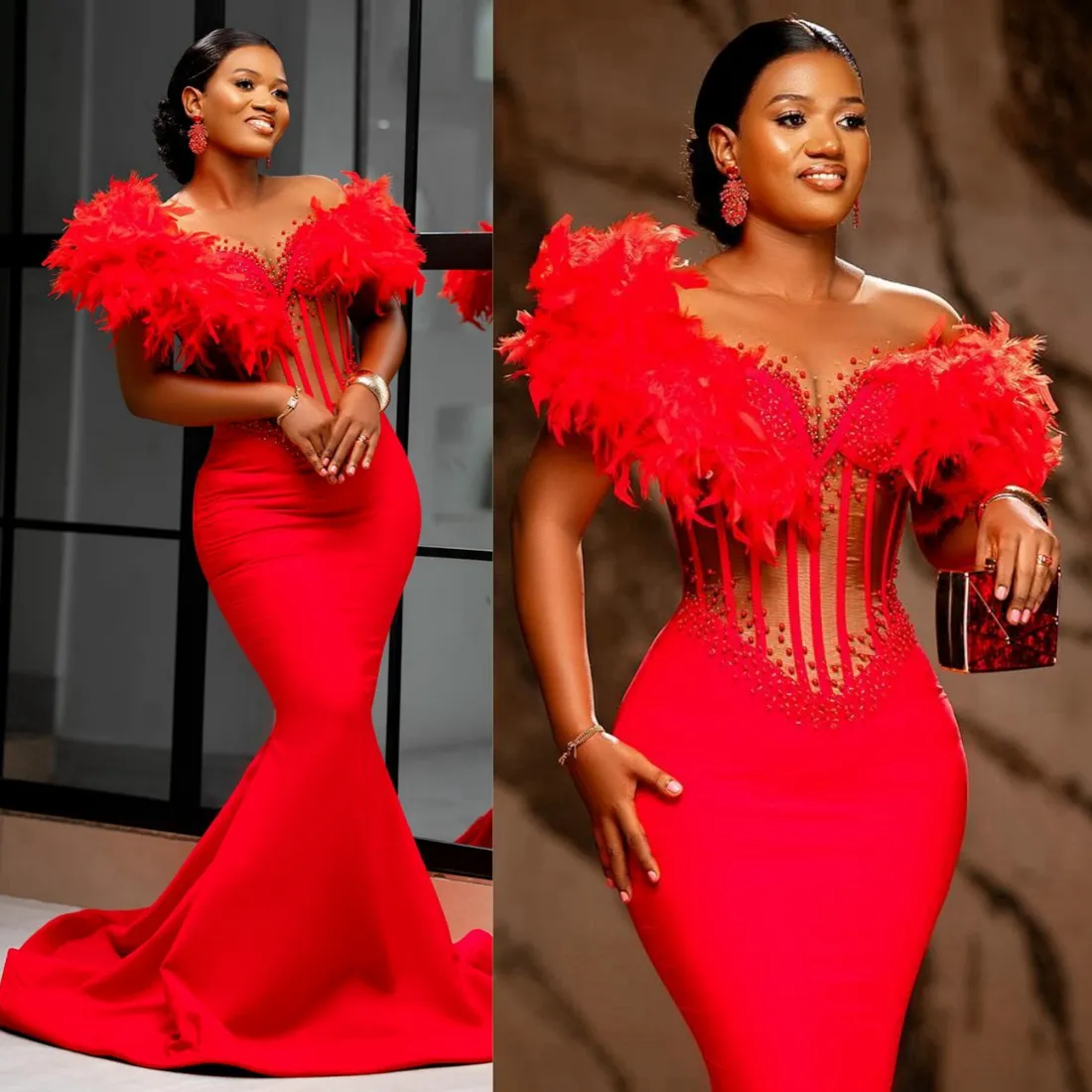 2024 Plus Taille Aso Ebi Robes Pour Femmes Noires Prom Robe A Plumes Du Cou Transparent En Perles AM773 Du 193 89 DHgate
