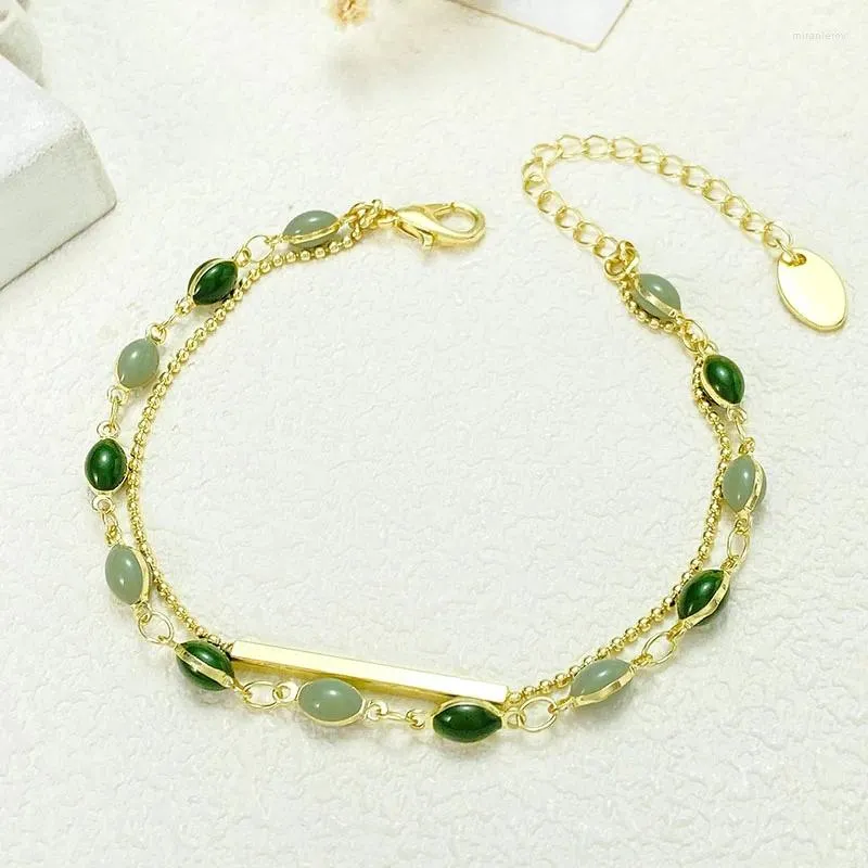 Bracelets de charme de style français classique perle verte ovale pour femmes Chaînes de poignet de couleur or double couche bijoux de bracelet filles