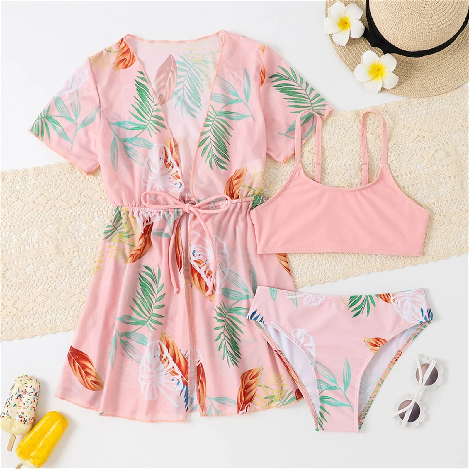 Swimwear Fashion Print Girls Swimsuit Sans manches Sorcètes Bikinis 3 pièces Enfants Couverture de maillot de bain Smock Set Baby Kids Bathing Fissure