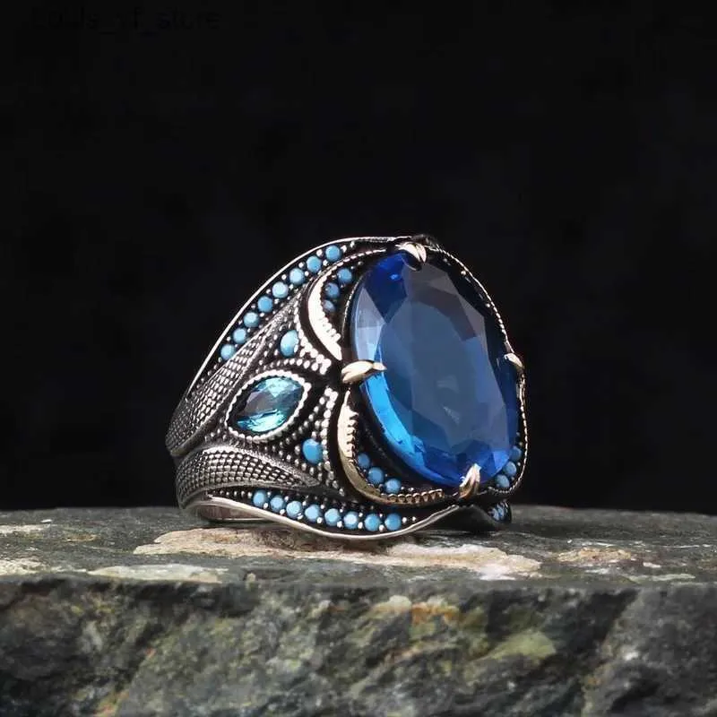 Band Rings Vintage Oval Inlaid Blue Zircon Stones Men Retro Silver Color Metal Carving Punk Jewelry H240424