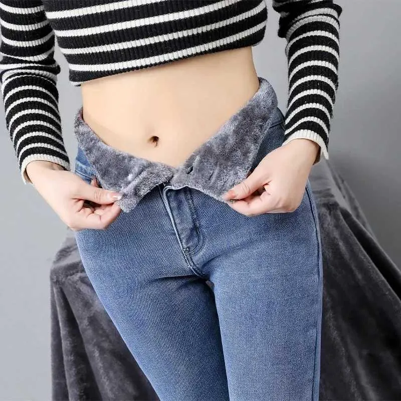 Kadınlar kot zoenova kış kalın kadife kadınlar yüksek bel skinny jeans basit polar sıcak ince fit streç bayanlar rahat denim kalem pantolon 240423