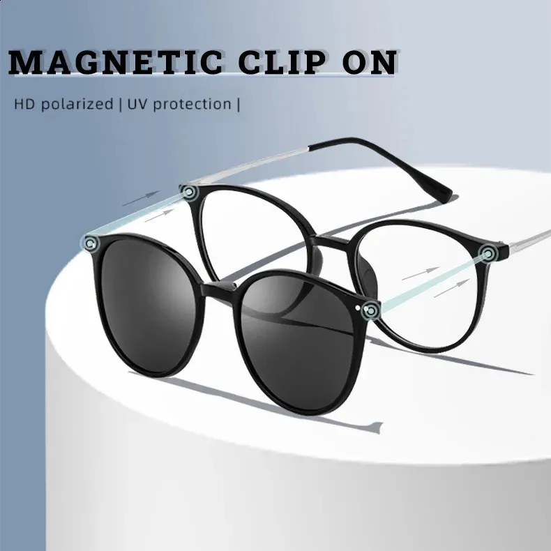 Vicky Magnetic Clip on Glasses Women Driving Polarised Round Pink Optical Myopia Eyewear Men Anpassade recept Glasögon 2240 240416