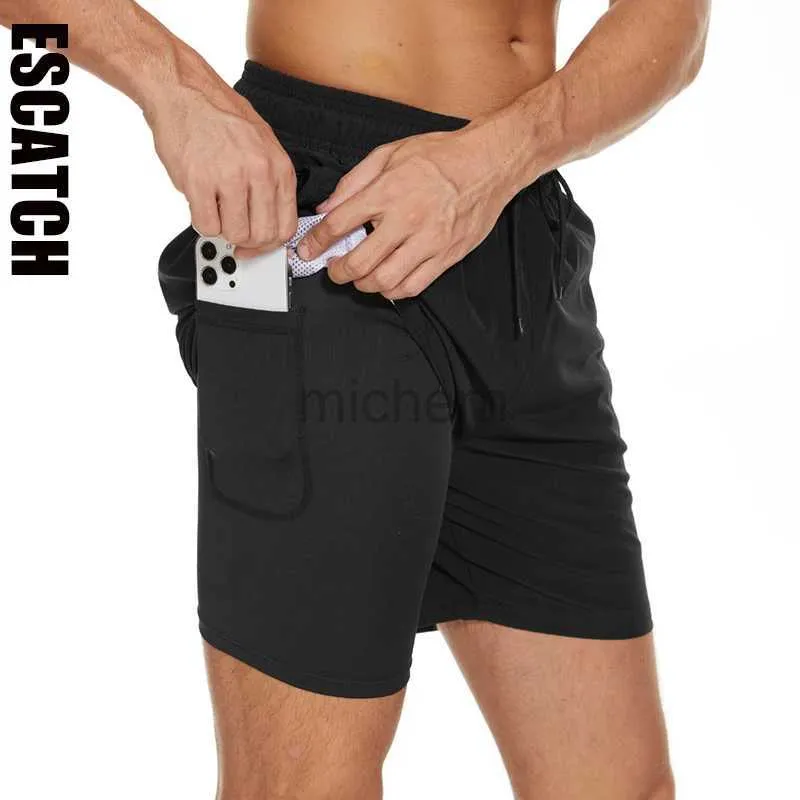 Mäns badkläder Escatch Mens Swimming Trunks med kompressionsfoder 2 i 1 snabbtorka gym sportshorts Simmar med blixtlåsfickor D240424