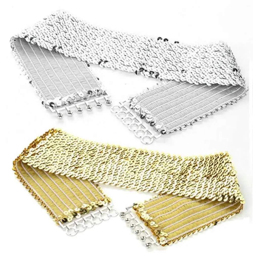 Gürtel Gold Silber Farbgürtel Kühle Punk Sparkling Pailletten elastische Stretchweite Weitbund Frauen Kleider Taillengürtel Schmuckzubehör 240423