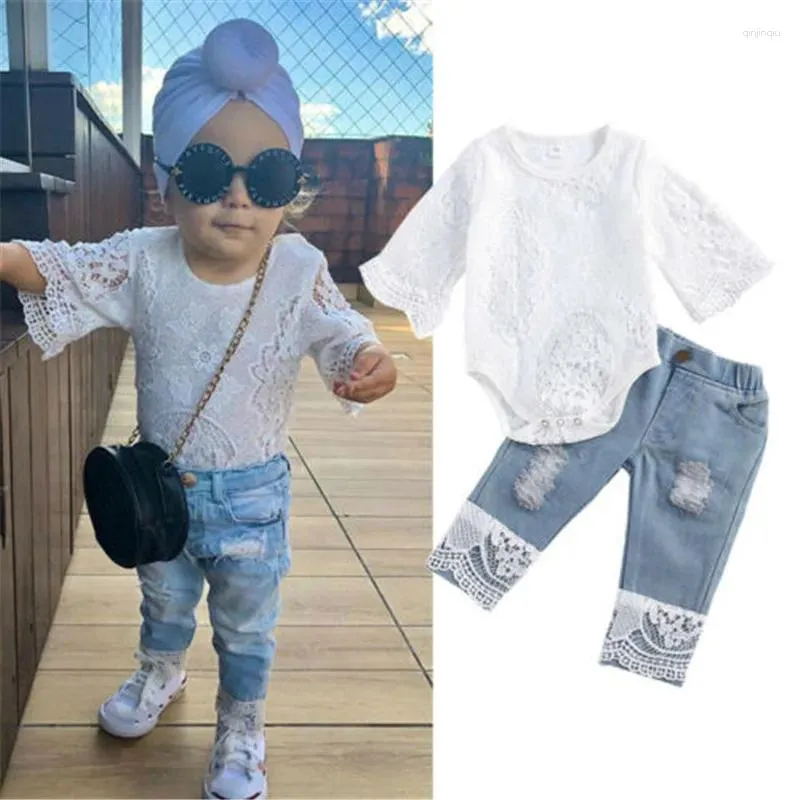 Kledingsets 0-24 Monoths babymeisjes jeans kleren kant holle out romper gescheurde patchwork outfits voor lente herfst