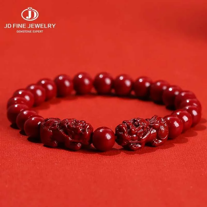 Beaded JD Natural Cinnabar Real Bead Bracelets Women Men Change Lucky Wealth Protection Hand String Pixiu Carved Vintage Bangles Gift 240423