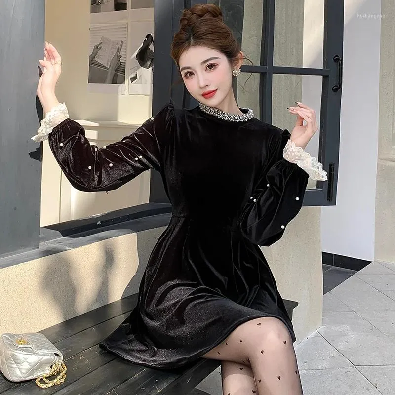 Elegant Black velvet mini dress with pearls and beading