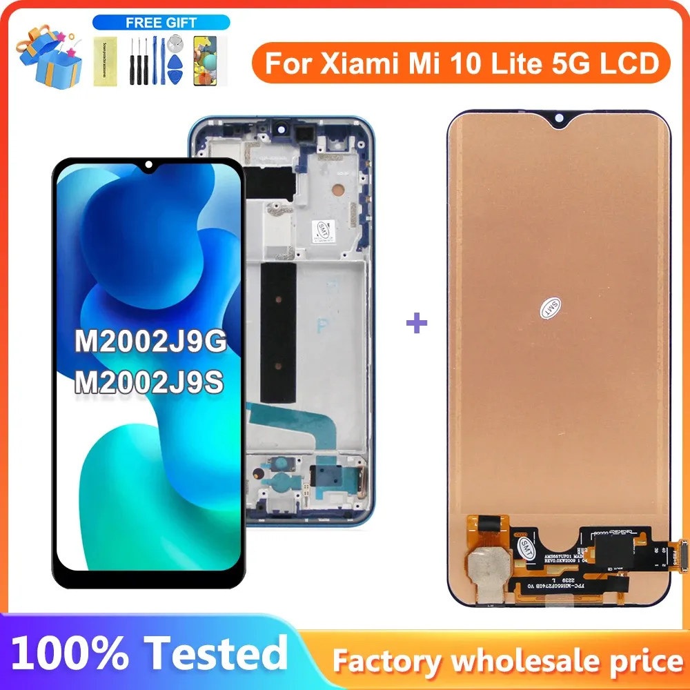 Skärmar 100% test för Xiaomi Mi 10 Lite 5G LCD -skärm Pekskärm Digitizer Assambly med ram för Xiaomi Mi10 Lite M2002J9G