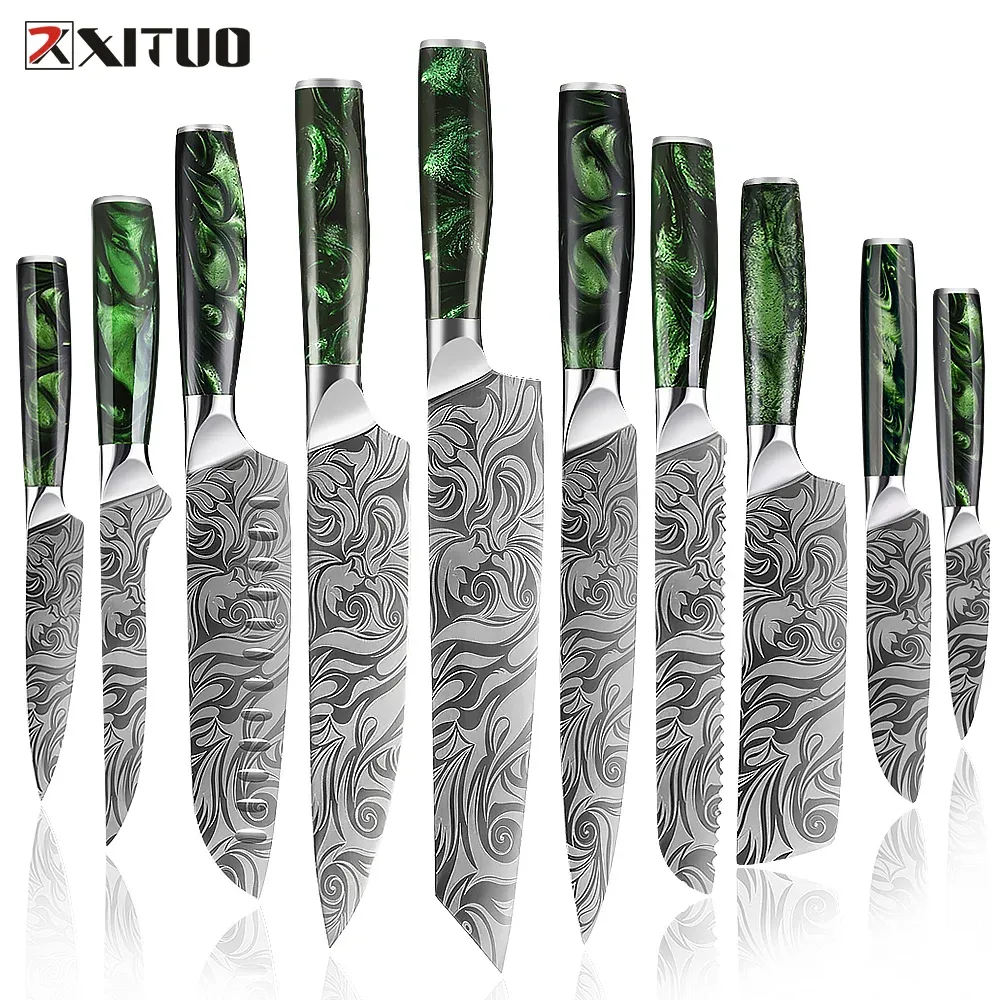السكاكين Xituo 110pcs سكين الطهاة الفاخرة مجموعة Ultra Sharp Kitchen Santoku Boning Knives Series Damascus Pattern Pattern Green Resin
