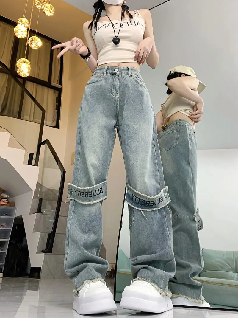 Frauen Jeans koreanische Version Vintage Ragged Edge Patch Stickerei Mode gerade Frau Street einfache Basishose weiblich