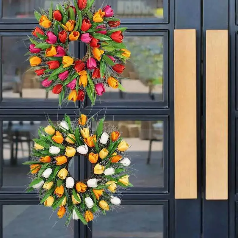 Faux Floral Greenery Tulip Wreath Wrinale Porta da frente Bonita Decoração de Casamento Parede pendurada Spring Wreath House Housed Artificial Flower Festival Supplies T240422