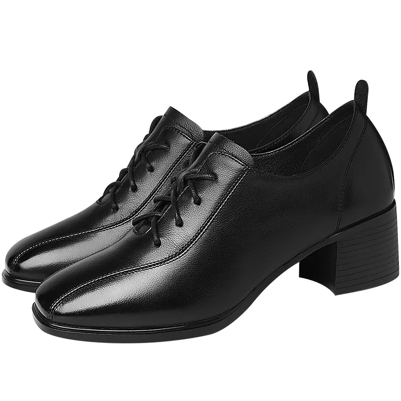 Dress shoes are popular Fashionable comfort top layer cowhide square head coarse single shoe lace-up solid color platform women shoes