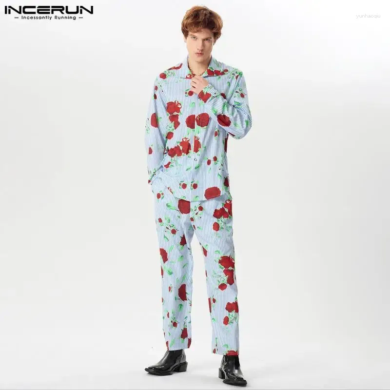 Men's Tracksuits INCERUN 2024 American Style Sets Fashionable Floral Stripes Long Sleeved Shirts Pants Casual Two-piece S-5XL