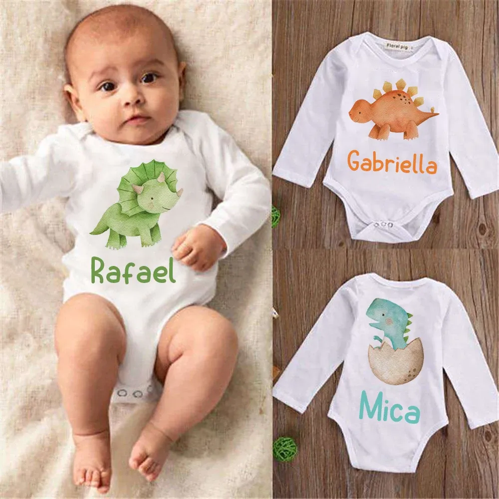 Pieces Personalize Bodysuits Infantil Body Baby Nome personalizado Roupas Dinosaur Print Garotos Meninas Meninas de mangas recém-nascidas de manga longa