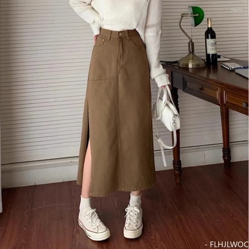 Skirts Long Maxi Denim Design Spring 2024 Women Fashion European Safari Style Split Slit High Waist Retro Vintage Skirt