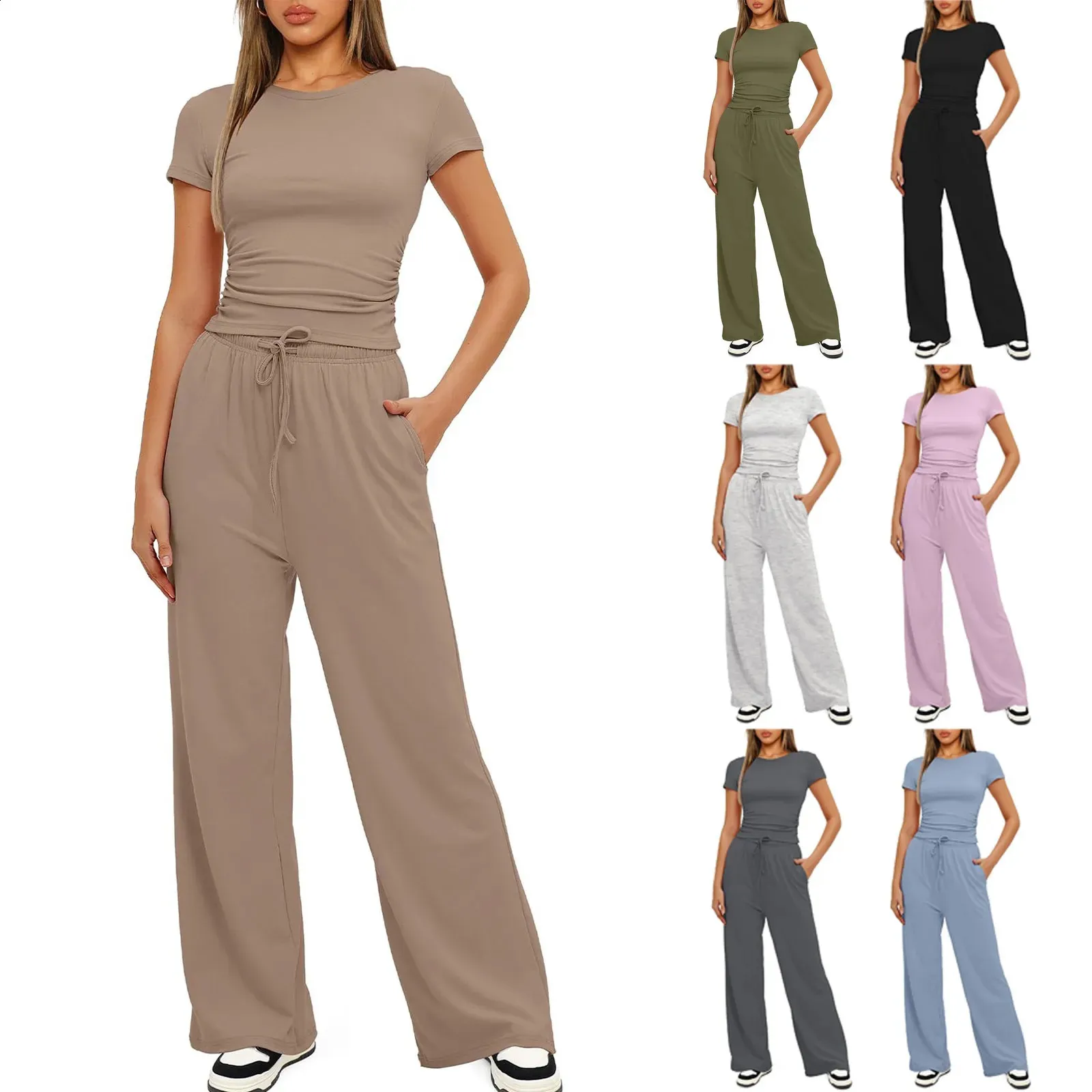 Set 2 Pezzi Donna Casual: Crop Top E Pantaloni A Gamba Larga Palazzo. Morbido, Elastico, Vita Alta. Perfetto Per Casa, Spiaggia, Uscite. Disponibile In 7 Colori (dalla S Alla 2XL).
