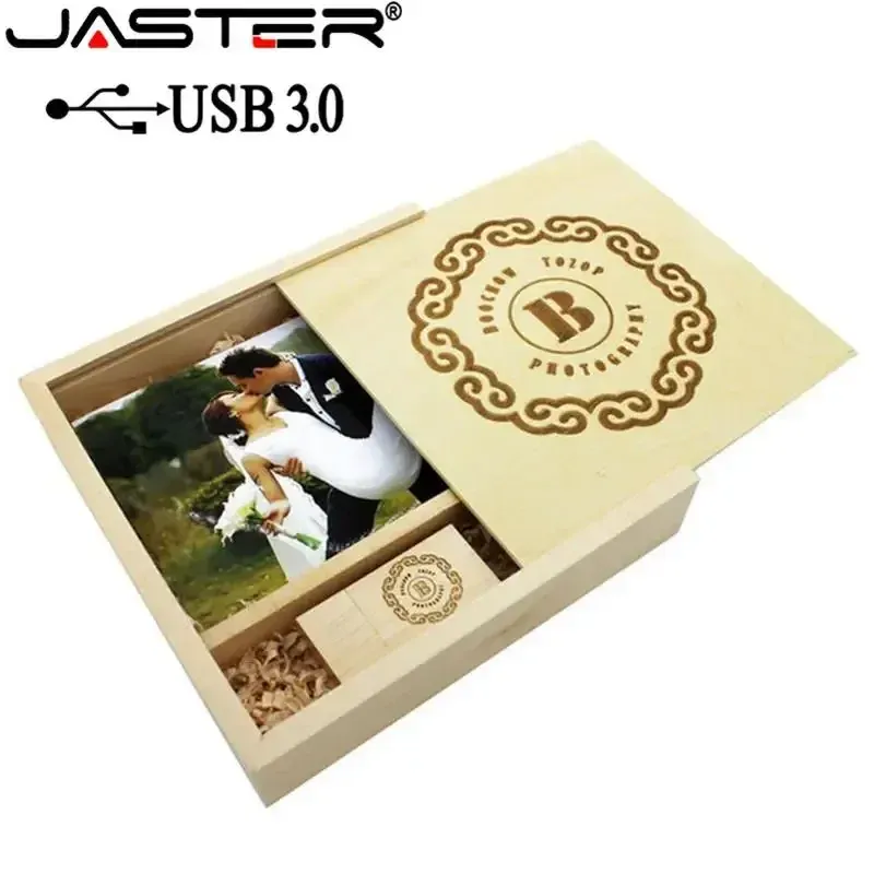 Drives Jaster USB 3.0 Photography Wood Photo Album USB+Present Box USB Flash Drive Pendrive 16 GB 32 GB 64 GB Wedding Present 1 st gratis logotyp