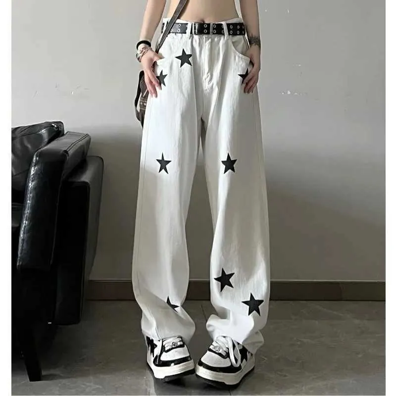 Women's Jeans Star Printed Jeans Women High-waisted Thin Loose Straight Full Length Casual Trousers High Street Versatile Denim Pants Female 240423