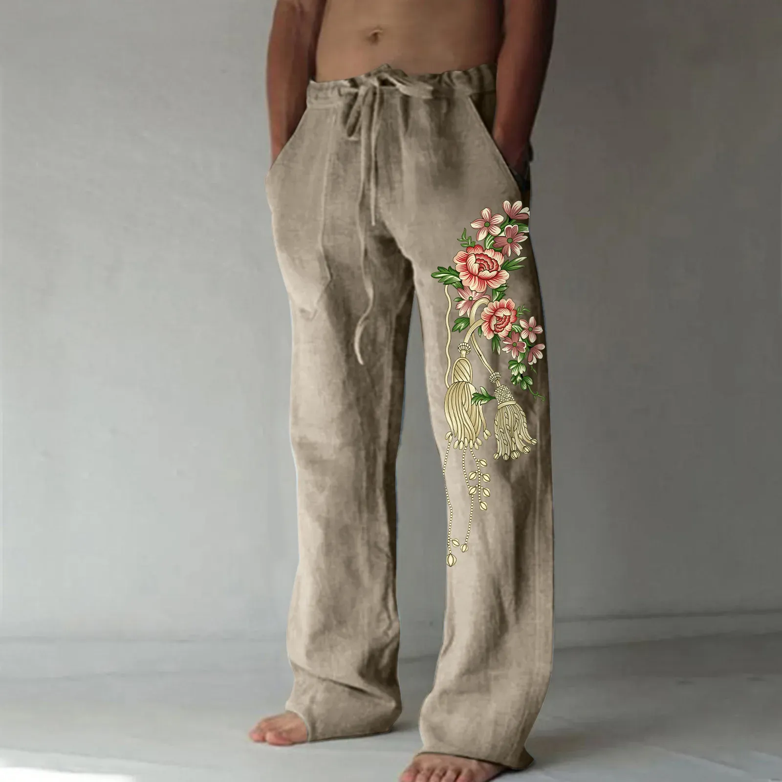 Spodnie Summer Men Faux Linen Pants kwiatowy nadruk szerokie nogi długie spodnie swobodny oddychający duży rozmiar Wygodny sznurka luźne spodnie