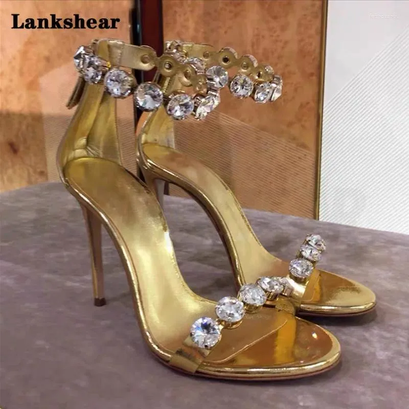 Sandals Rhinestone High Heels Back Zipper bombeia sapatos de casamento de ouro STILETTO Sexy Mulheres elegantes abertas