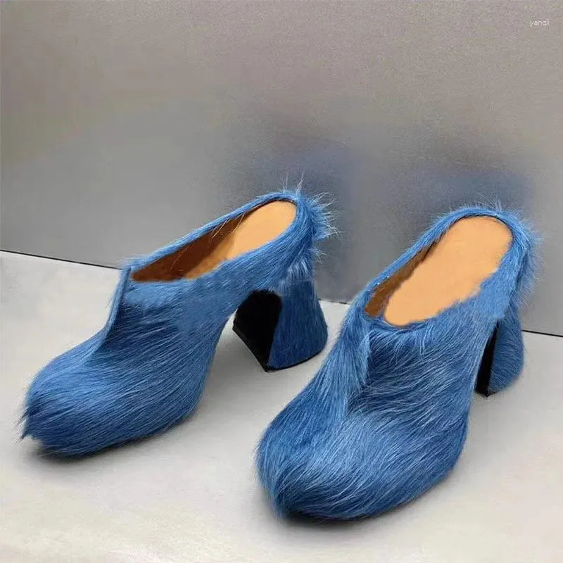 Slippers Baotou Horse Hair Coarse Heel Waterproof Platform Women's Muller Shoes Thick Sole Cake Large Size