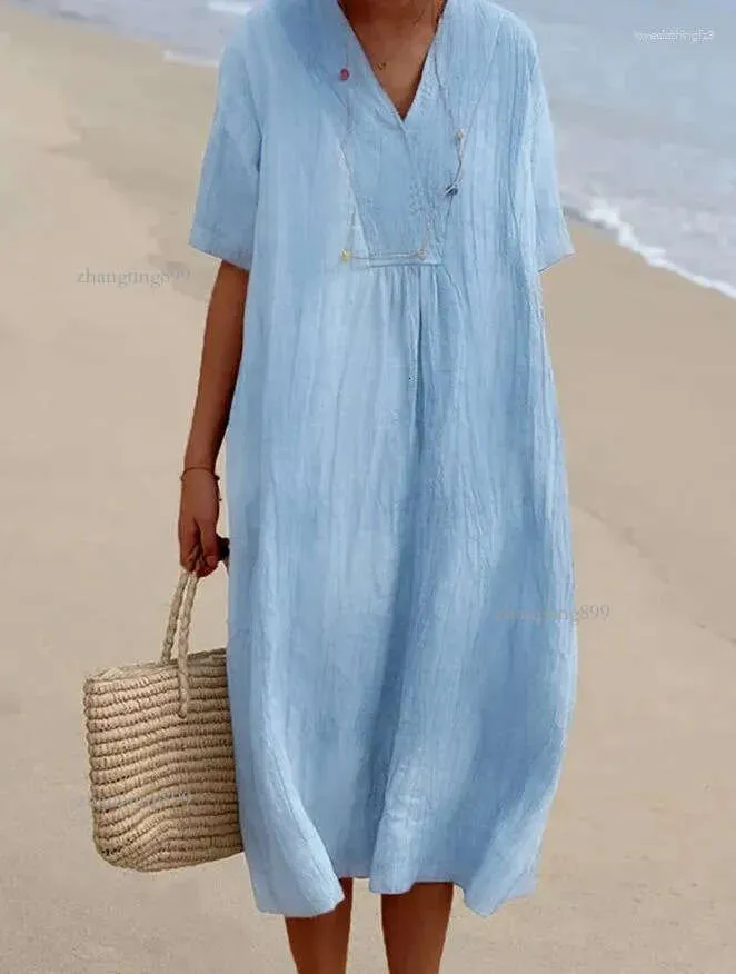 Vintage White Cotton Linen Sundress with Sleeves for Women