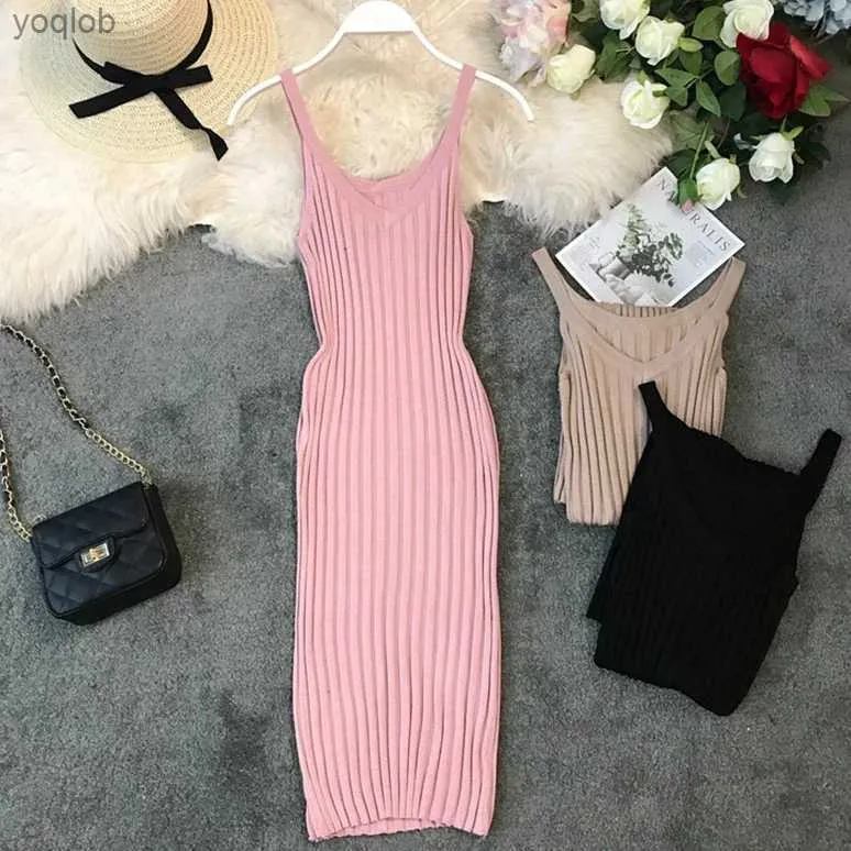 Grundläggande avslappnade klänningar Nya V-hals Slim Summer Sexy Knit Midi Dress Spaghetti Strap Vestido de Festa Women Casual Party Bodycon Kne-Length Vestidosl2403