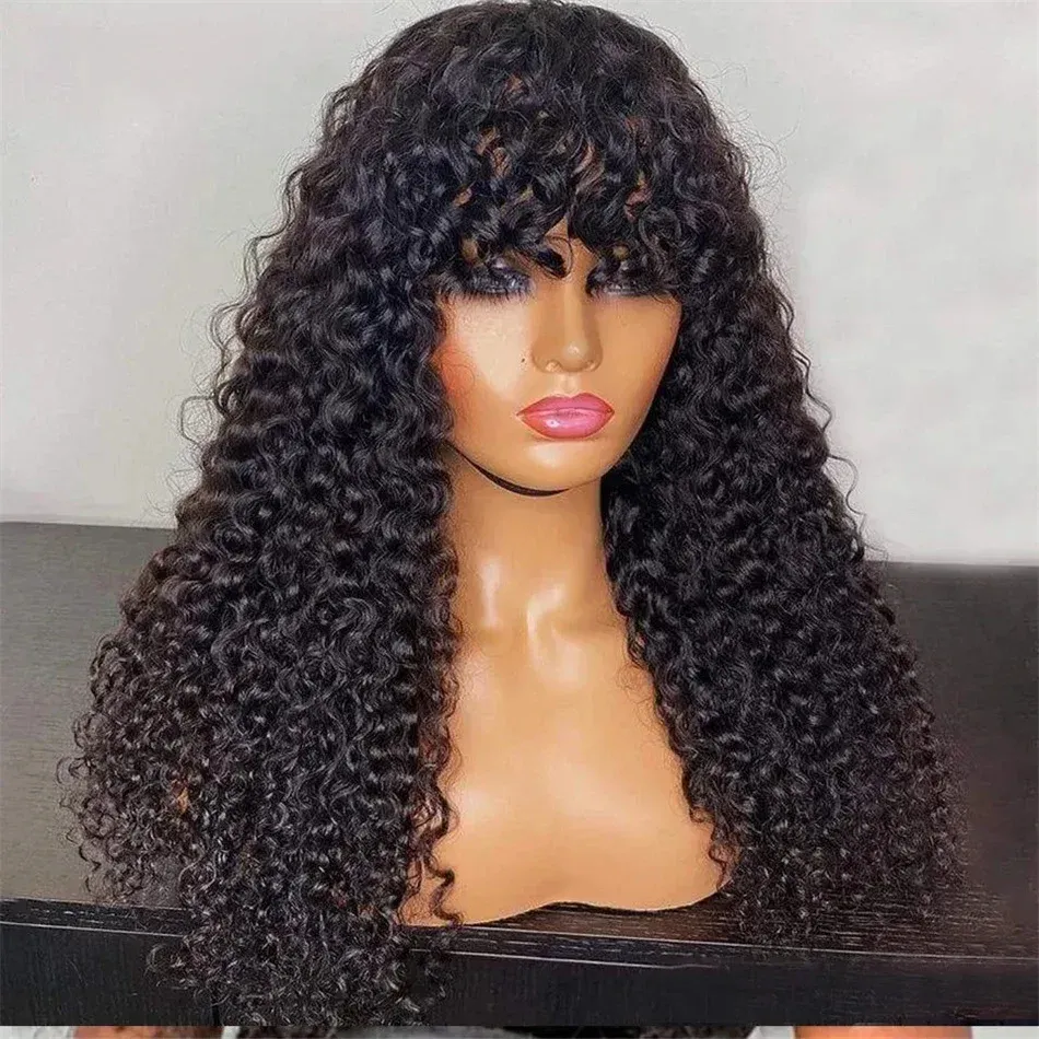 Agua sin glúteo 12a peluca de cabello humano brasileño con flequillo Hine hecho para mujeres negras ondas profundas pelucas rizadas en la promoción 787 6 s