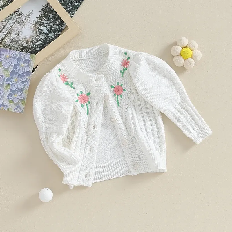 セーター024m女の女の子編みカーディガンセーター秋の冬の幼児服かわいい長袖花の刺繍ボタンアップキッズニットウェア