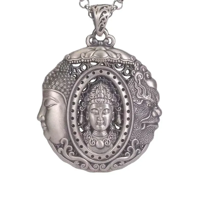 Necklaces Real S925 Silver Carved Hollowed Threefaced Buddha Necklaces Pendant for Men Women Male Thai Silver Retro Round Trendy Jewelriy