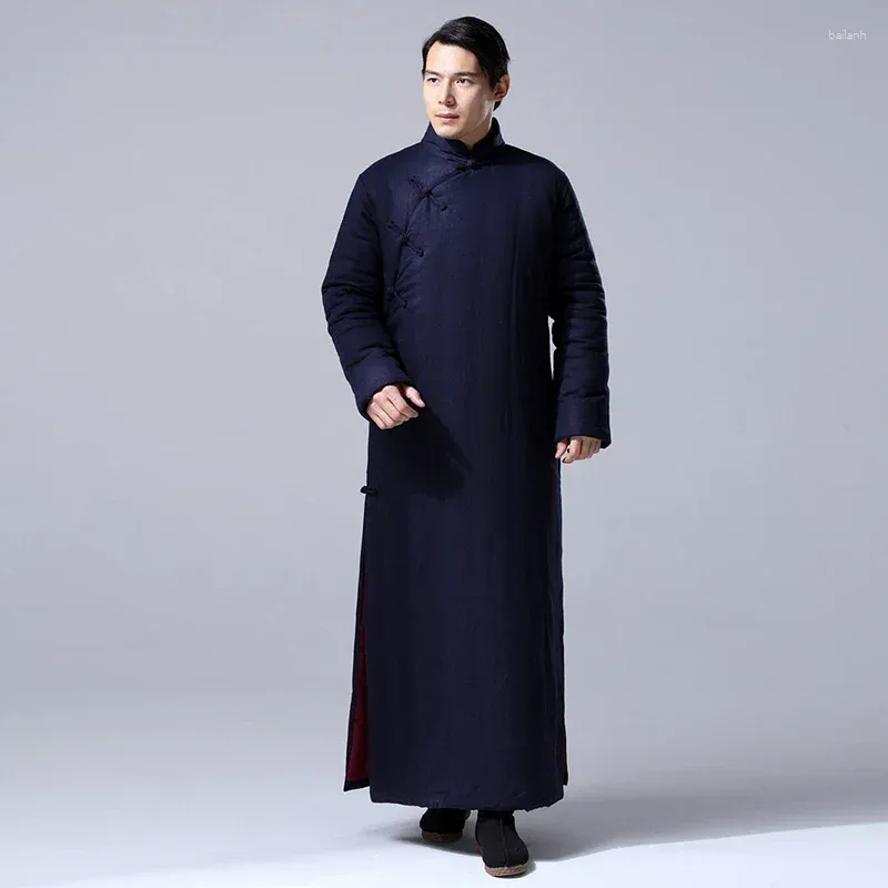 Etniska kläder linnet Taoist Cloak Monk Zen Robe Winter Meditation Cape Warm Buddhist Cotton vadderad jacka Traditionell kinesisk för män