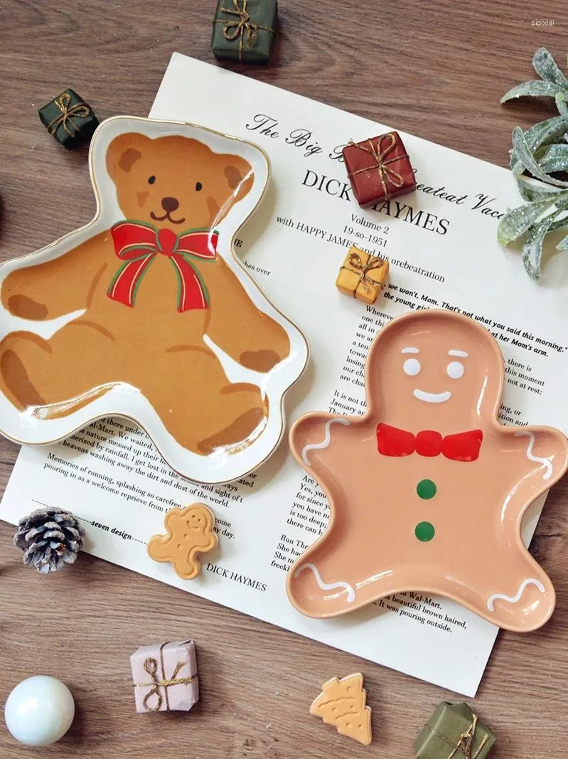 Plates Ceramic Gingerbread Man Gold-painted Cartoon Bear Three-dimensional Christmas Decoration Gift Plate Dessert