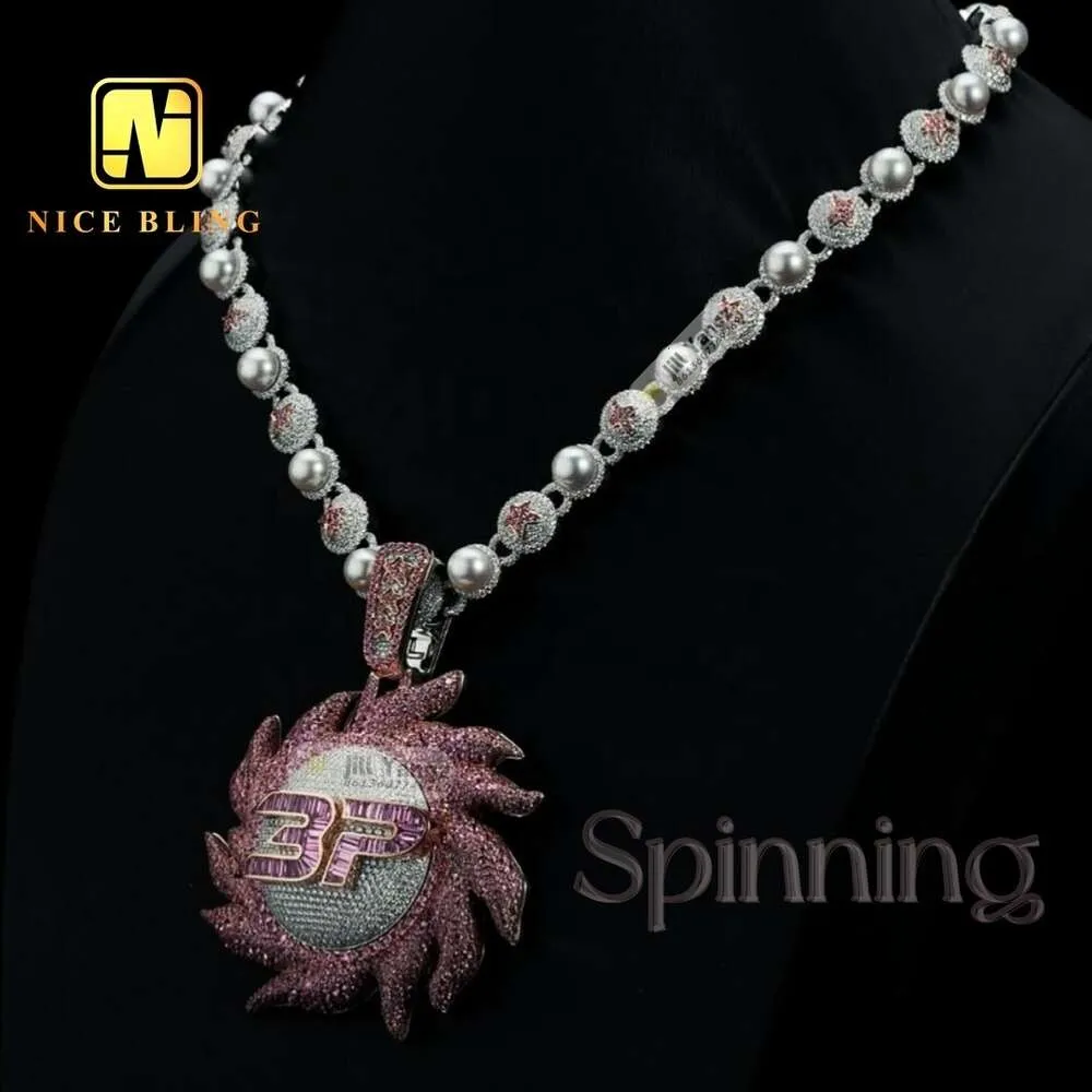 High End Custom Special Design Swiveling Spinning Pendant Pearl Sun Pink CZ Sier Cuban Chain Necklace Pendant Set Rock