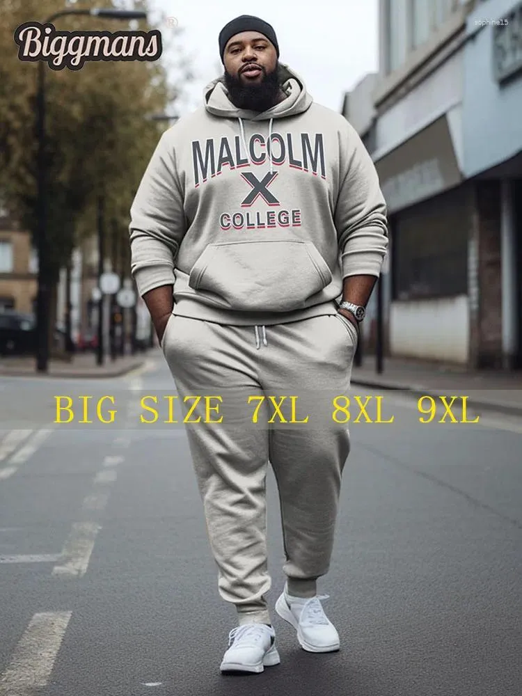 メンズトラックスーツビッグマンズプラス衣類マルコムxカレッジスタイルパーカーとスウェットパンツ2ピースセット7xl 8xl 9xl