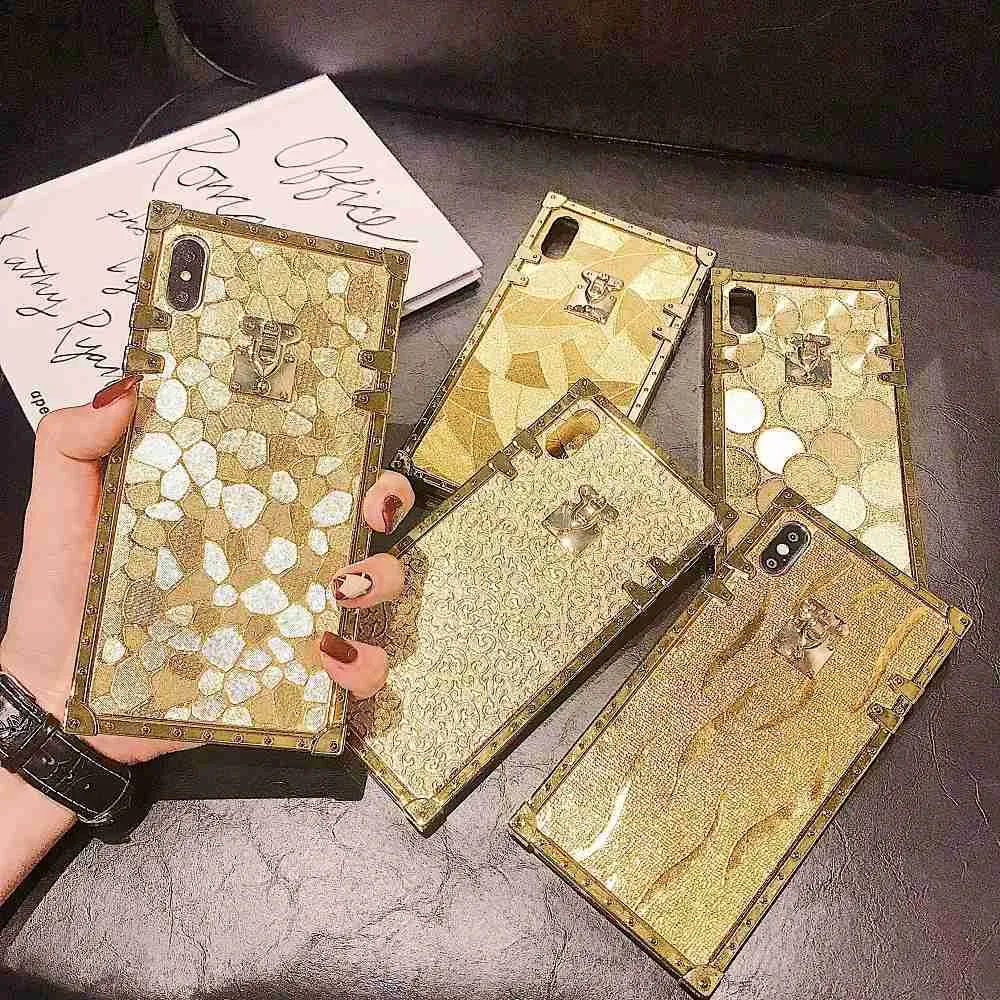 Cell Phone Cases Hot 3D Luxury Square Gold Glitter Case for iphone 11Pro X XR XS MAX 7 8 15 Pro Max 14 Plus For Samsung Galaxy S10 S9 Back Cover d240424