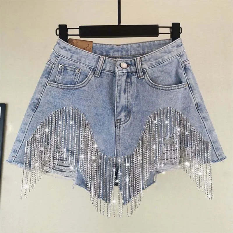 Женские джинсы Diamond Heavy Tassel Hipster Shorts Fashion Casual Solid Color High Iste Chain А