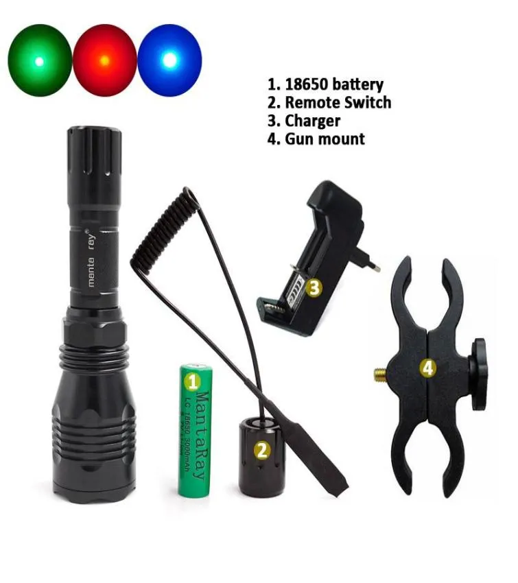 Torches de lampes de poche LED LED vert bleu rouge Light Tactical Spotlight Lantern Torch Lampe HS802 Remote interrupteur monture de pistolet 18650 CH3632624