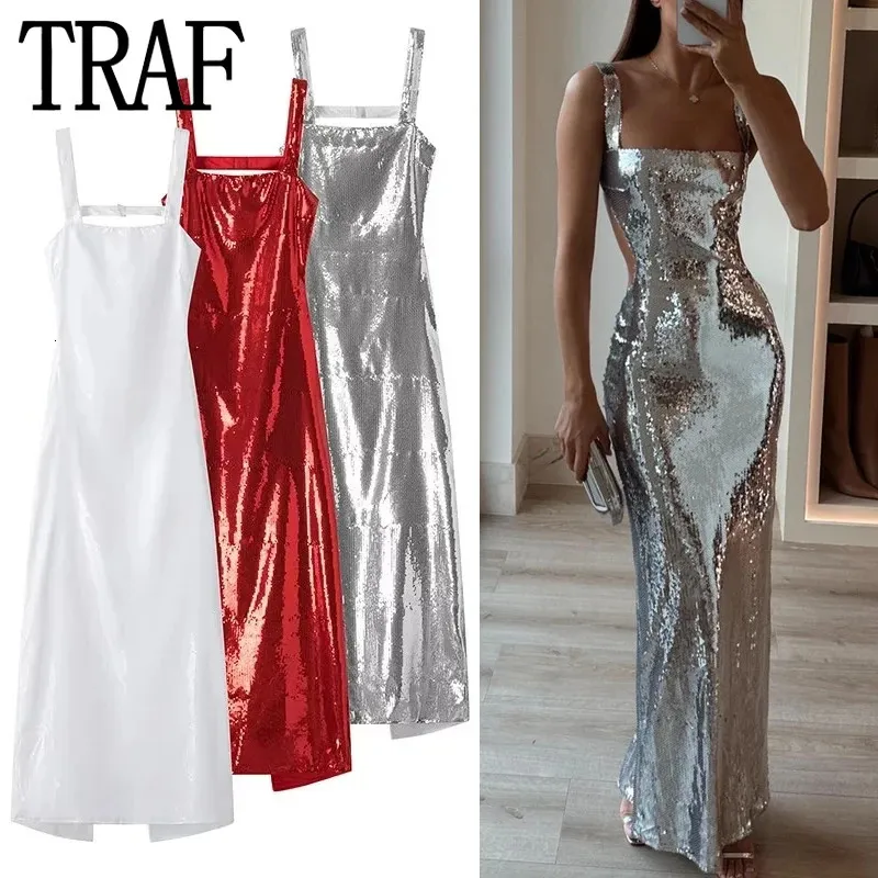 TRAF Backless Sequin Dress Woman Silver Red White Slip Long Dress Women Glitter Sexy Party Dresses Midi Prom Evening Dresses 240421