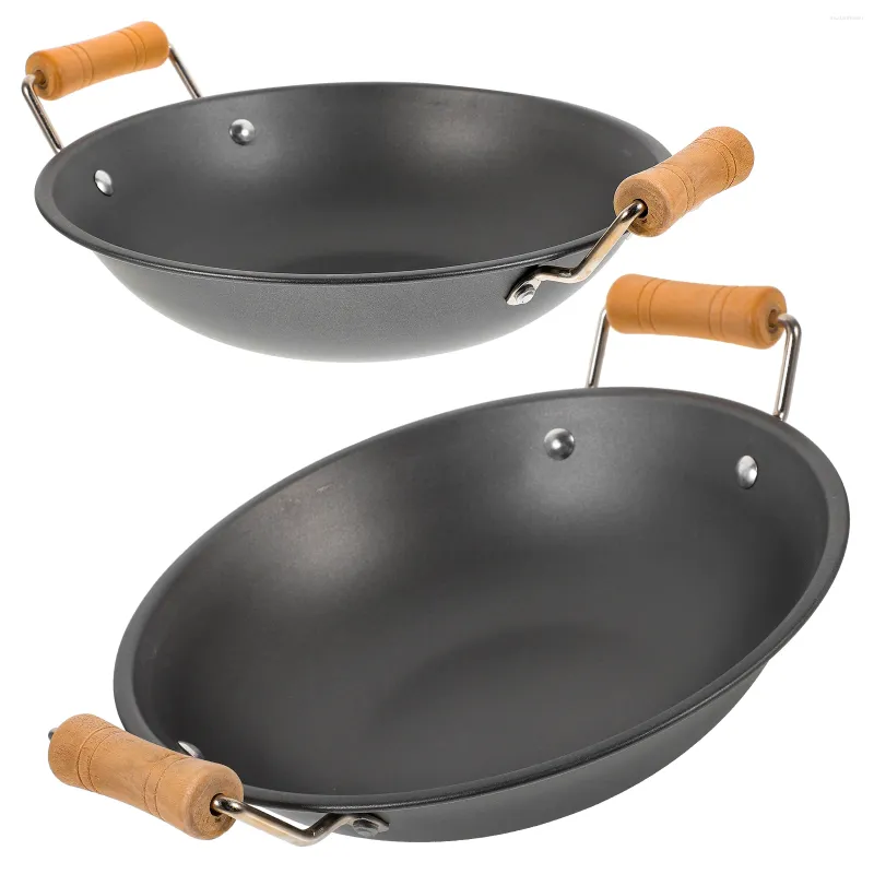 Pannor Rostfritt stål Gridle Paella Frey Pan Hushåll Takeaway Pot Cooke Double Handle Cookware