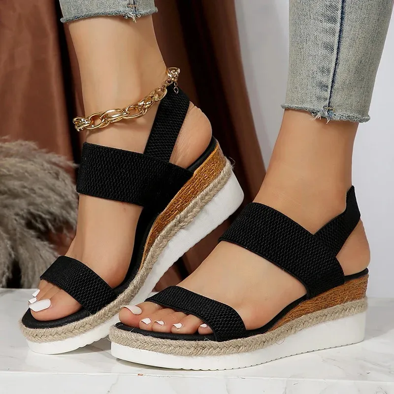 Stretch stof gebreide wig sandalen vrouwen rug elastische bandplatform sandles vrouw super maat zomer dikke zool strand sandalias 240419