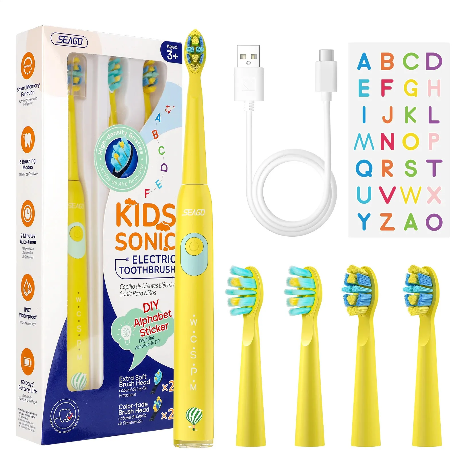 Seago Kids Electric Toothbrush for 6 Years 5モード充電式IPX7防水パワーソニック交換ヘッドSG2303 240415