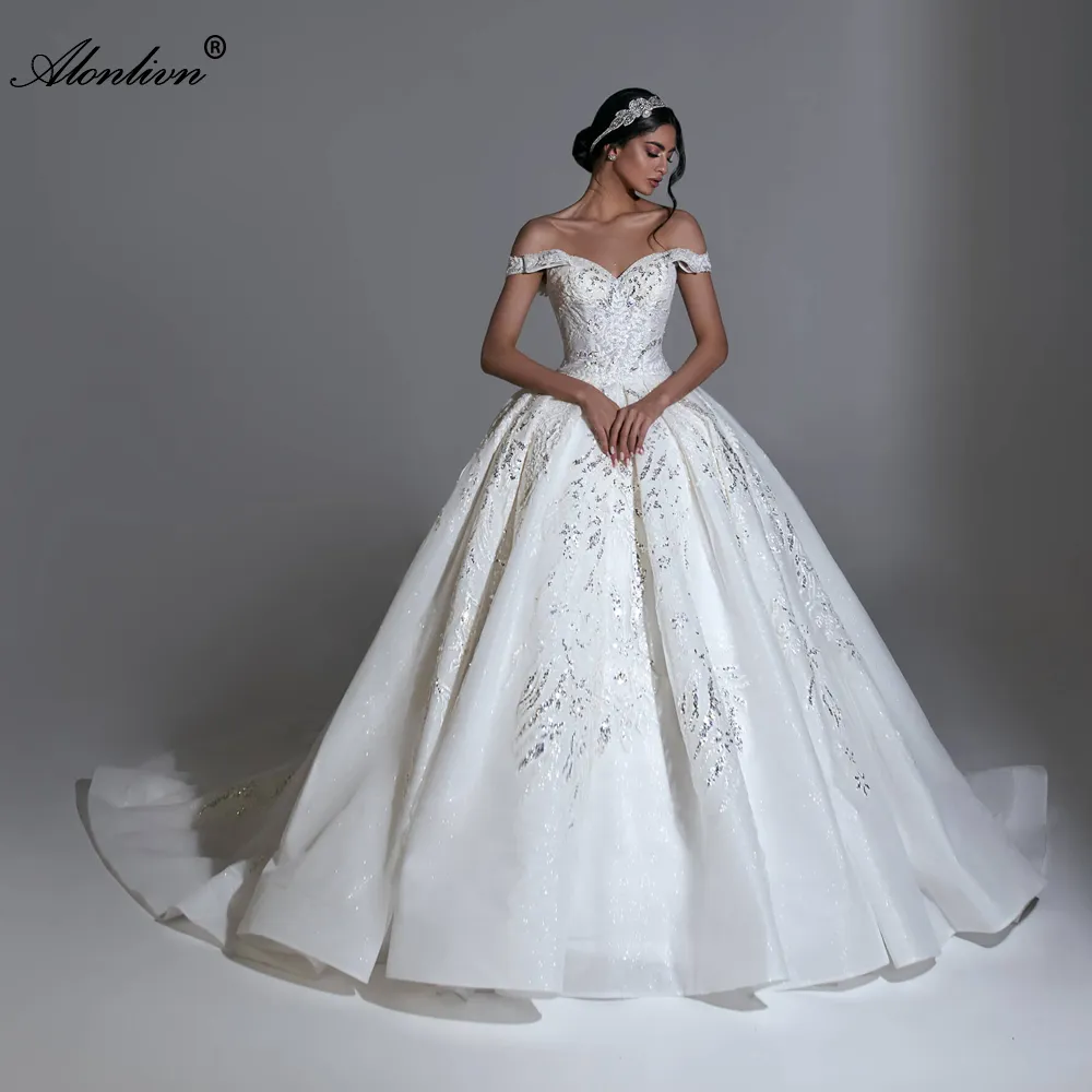 Ball Gown Wedding Dress Off Shoulder Short Sleeves Lace Bridal Gown ...