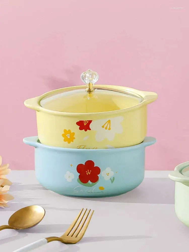 Assiettes Nordic Instagram Céramic Instant Noodle Bowl avec couvercle maison double oreille soupe fraîche de table de table fleuve Dormier étudiant