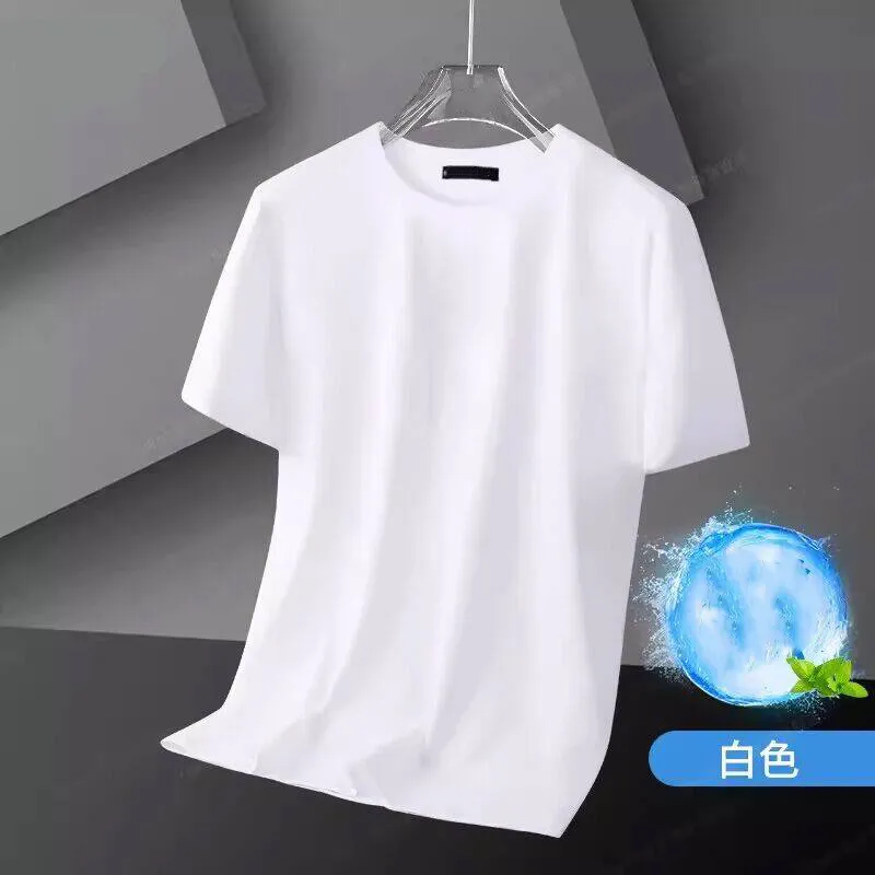 2024 Summer Milk Silk Thin White Short Sleeved Men's T-shirt Solid Color Half-Sleeved Men's Crew-Neck T-shirt