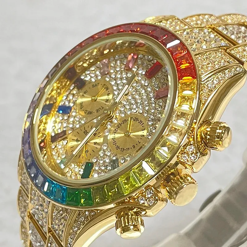 Relógios 2022 Brand Missfox Gold Hip Hop Observa homens Moda Rainbow Diamond à prova d'água Relógios de esportes de aço completos Male