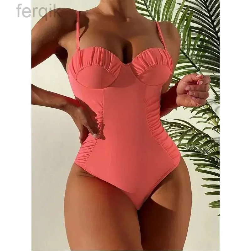 Dameszwemkleding 2023 Nieuwe One Piece badkleding Swimwear Vrouwen sexy push -up geplooide massief badpak strandkleding maio feminino praia banadores mujer d240424