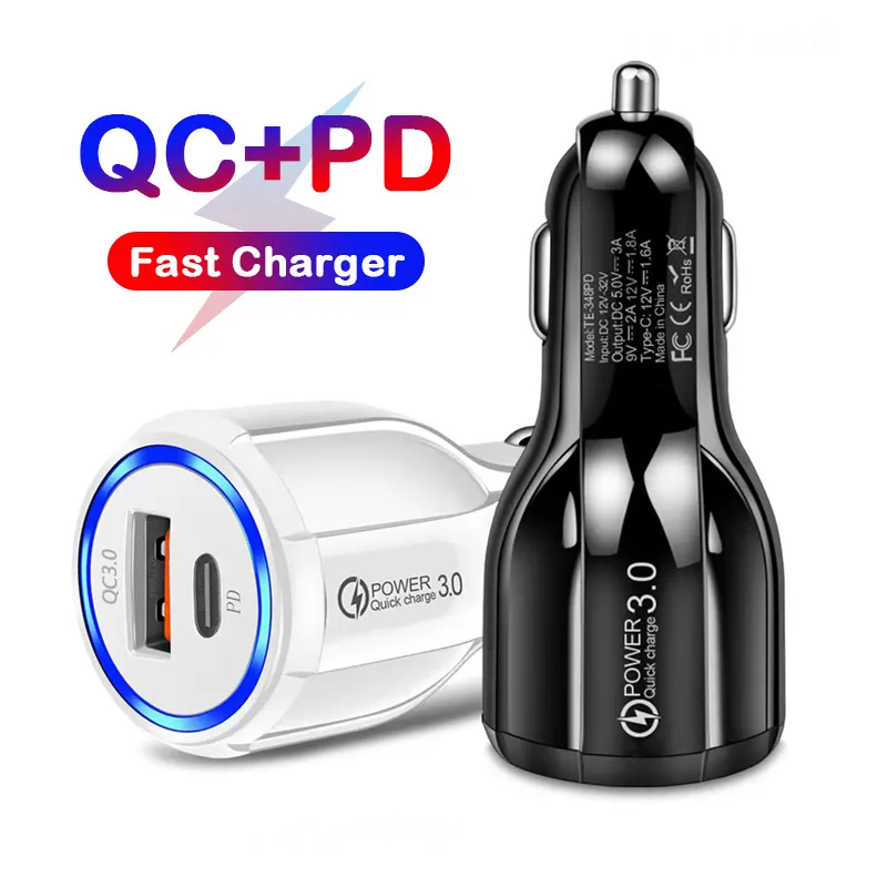 2 منافذ 30W QC3.0 الشاحن السريع PD USB-C Charce Car Charger Charger Charger Fast Charger for iPhone 15 14 13 12 Mini 11 Pro XR XS Max Samsung S24 S23 S22 Android Phone