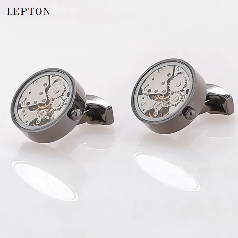 Links Hot Watch Movement Cufflinks Of Immovable GlassFronted Lepton Steampunk Gear Watch Mechanism Cufflink for Mens Drop Shipping