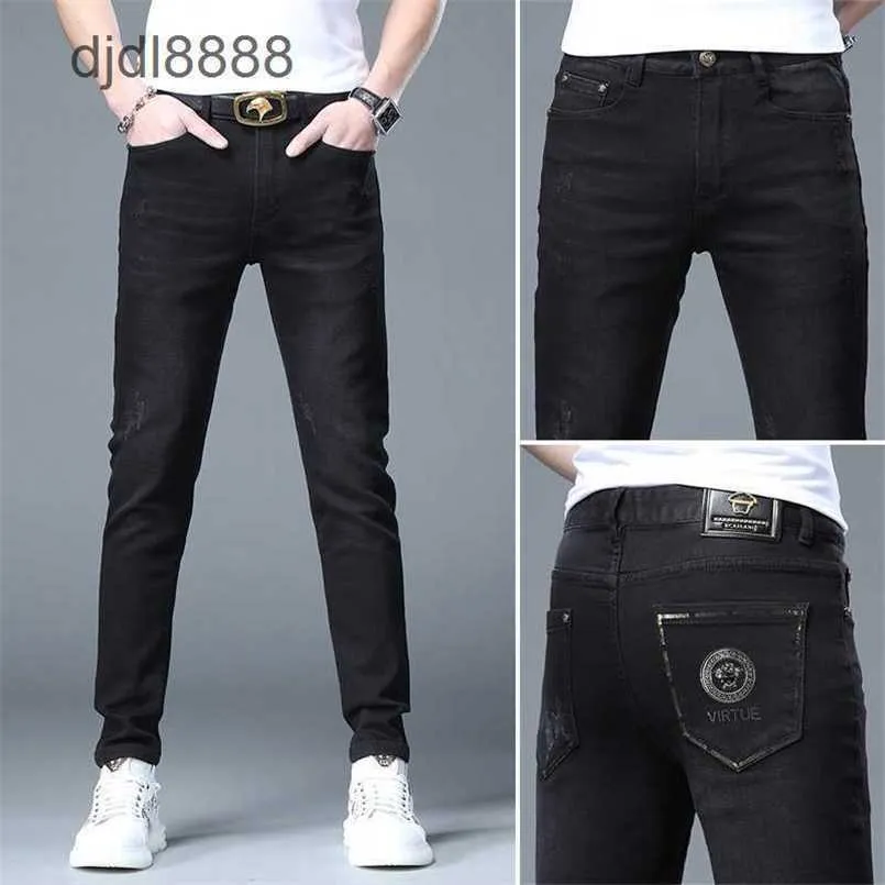 2024 Spring New Jeans Mens Gold Stamped Slim Fit Small Feet European Fashion Brand Trendy Long Pants